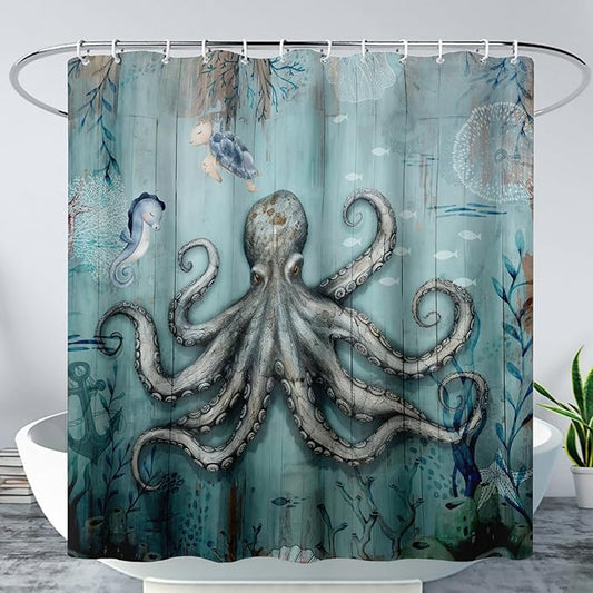 AILONEN 3D Ocean Octopus Shower Curtain Set for Bathroom,Sea Turtle Seahorse Animal Bath Curtain,Ocean Theme Waterproof Fabric Shower Curtain with Hooks,72" W*72" H