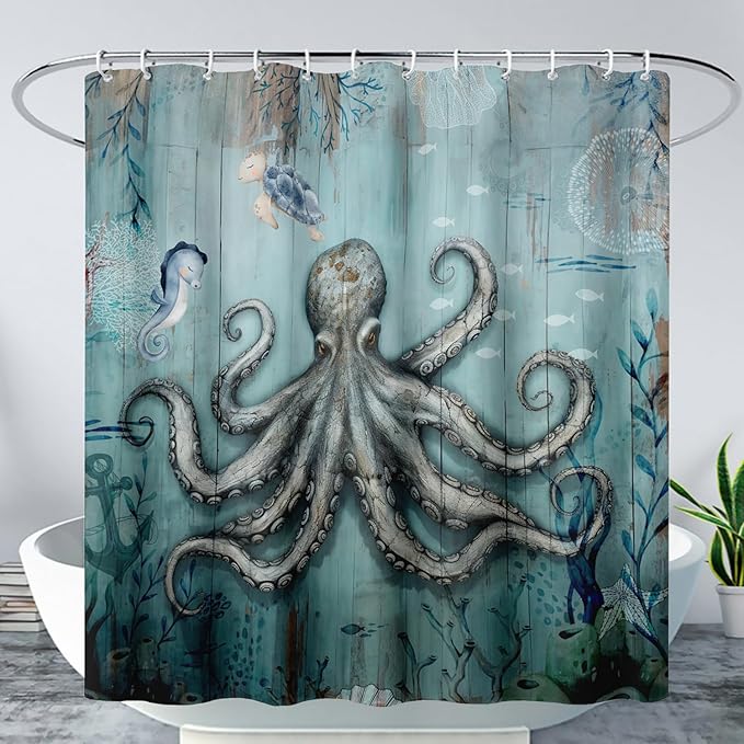 AILONEN 3D Ocean Octopus Shower Curtain Set for Bathroom,Sea Turtle Seahorse Animal Bath Curtain,Ocean Theme Waterproof Fabric Shower Curtain with Hooks,72" W*84" H