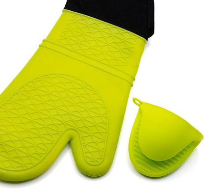Extra Long Oven Mitts and Pot Holder Set for Ultimate Kitchen- hot Pads and Oven Mitts- Heavy Duty- Silicone Heat Resistant Oven Mitts and Pot Holder Set (Green)