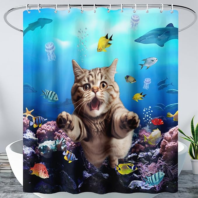 AILONEN 3D Swimming Cat Shower Curtain Set,Coral Bath Curtain for Kids Girls Boys,Sea Animals Ocean Theme Shower Curtain,Cat Lovers Animal Shower Curtains for Bathroom Decor, 60" W*72" H