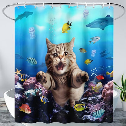 AILONEN 3D Swimming Cat Shower Curtain Set,Coral Bath Curtain for Kids Girls Boys,Sea Animals Ocean Theme Shower Curtain,Cat Lovers Animal Shower Curtains for Bathroom Decor, 36" W*72" H