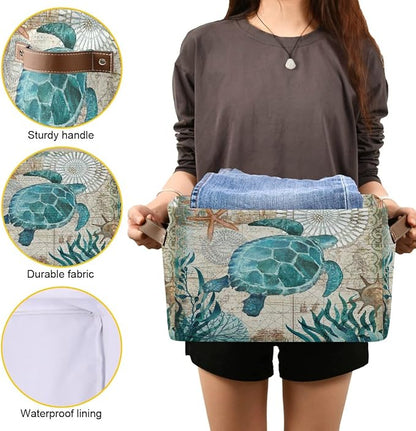 Sea Turtle Storage Basket Fabric Storage Bin Nautical theme Baskets Coastal Starfish Foldable Storage Boxes Organizer Bag for Baby Cloth Dog Toy Book Storage Cubes Shelf Closet Basket 16×12×8 Inches