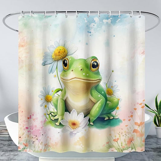 AILONEN Cartoon Frog Shower Curtain Set for Bathroom,Green Frog Bath Curtain,Amphibian Animal Shower Curtain,Tie Dye Flowers Waterproof Fabric Shower Curtain with Hooks,60" W*72" H