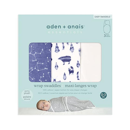aden + anais, Velboa Baby Wrap, Newborn Wearable Swaddle Blanket, TOG 1.5, 3 Pack, Blue Scandinavian Sky, 0-3 Months