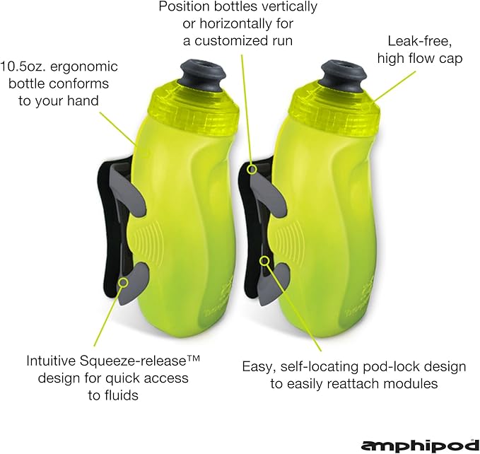 Amphipod RunLite Xtech Hydration System, Dual 10.5 oz Hydraform Water Bottles for Running, Marathons & Endurance Training (Push/Pull Cap) - Amp Green/Charcoal - 2 x 10.5 oz