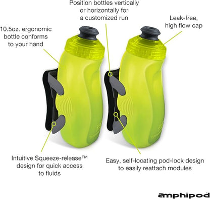 Amphipod RunLite Xtech Hydration System, Dual 10.5 oz Hydraform Water Bottles for Running, Marathons & Endurance Training (Push/Pull Cap) - Amp Green/Charcoal - 2 x 10.5 oz