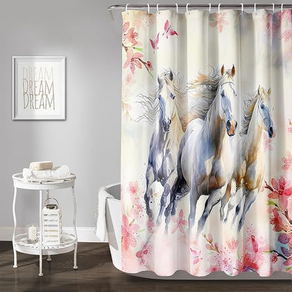 AILONEN Girls Flower Horse Shower Curtain for Bathroom,Galloping Horse Bath Curtain,Pink Watercolor Floral Horse Waterproof Curtain with 12 Plastic Hooks, 36" W*72" H
