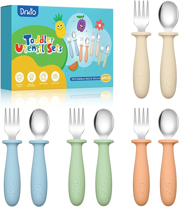 8 Pieces Toddler Utensils Set - Kids Silverware Set with Silicone Handle Children Safe 18/8 Stainless Steel Forks and Spoons Anti-Choke Design Food Grade Dishwasher Safe
