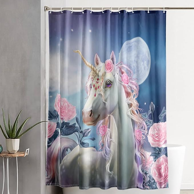 AILONEN Dreamy Unicorn Shower Curtain, Oil Painting Rose Waterproof Shower Curtain,3D Moon and Stars Girls Cloth Bath Curtain Set for Kids Teens Adults,48" W*72" H
