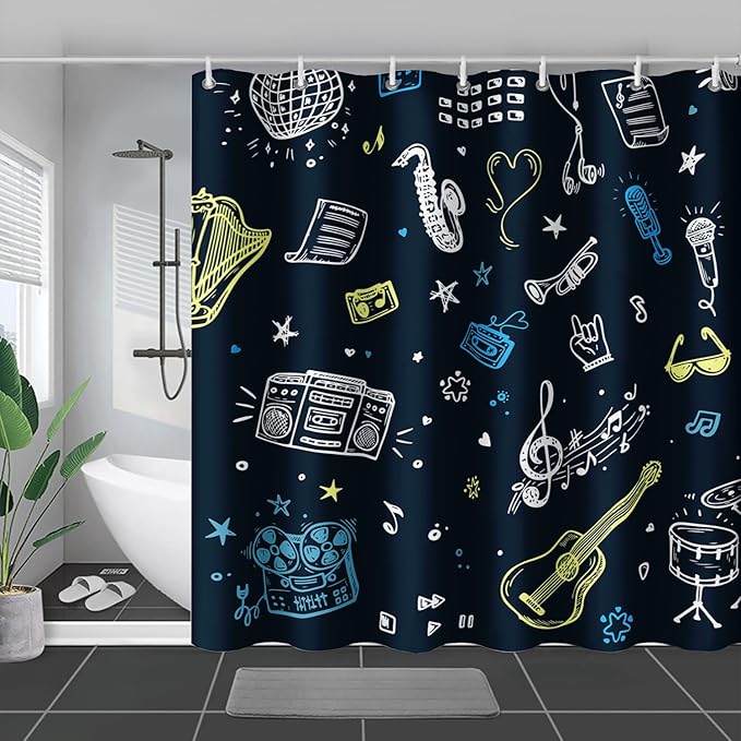 AILONEN Graffiti Note Music Shower Curtain,Hip Hop Music Art Bath Curtain Minimalist Bathroom Curtain 48" W*72" H Polyester Waterproof Bathroom Curtain with 12 Hooks