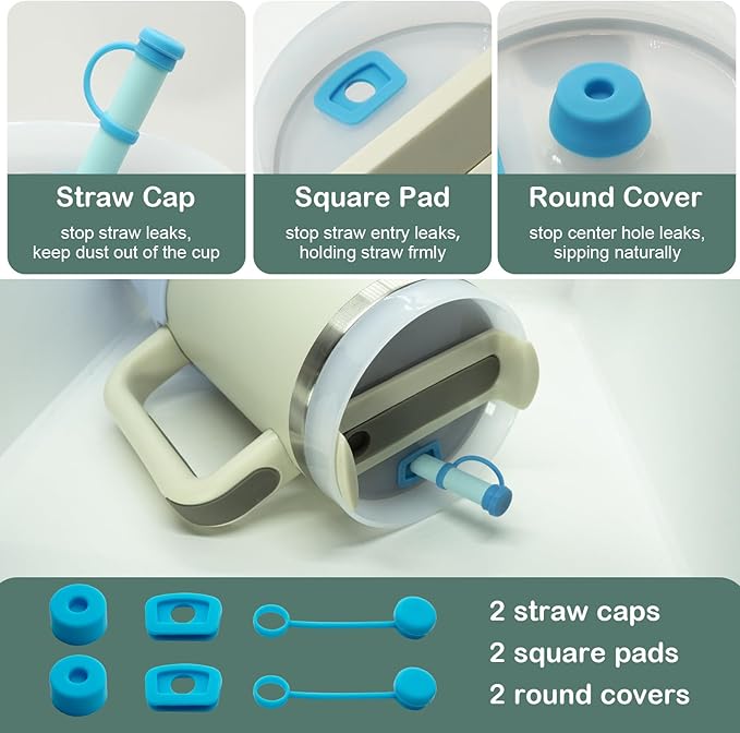 Accessories Set for Stanley 40oz including 6PCS Silicone Spill Proof Stopper 1PCS Straw Cover 1 PCS Siliconce Boot Sleevec 1 PCS Silicone Water Bottle Handle Strap 1PCS Straw & Cleaning Brush