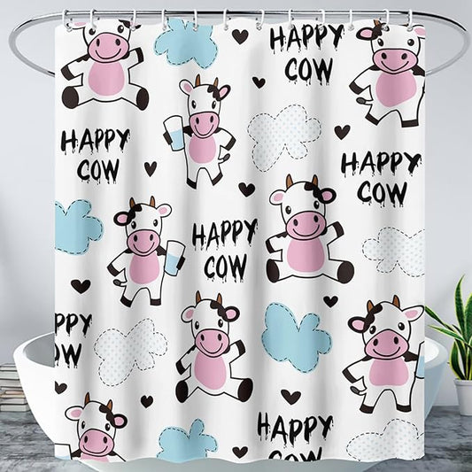 AILONEN Cute Cow Shower Curtain for Bathroom, Kids Children Cow Print Bathroom Curtain,Happy Cow Bath Curtain 72" W*84" H Polyester Waterproof Bathroom Curtain with 12 Hooks