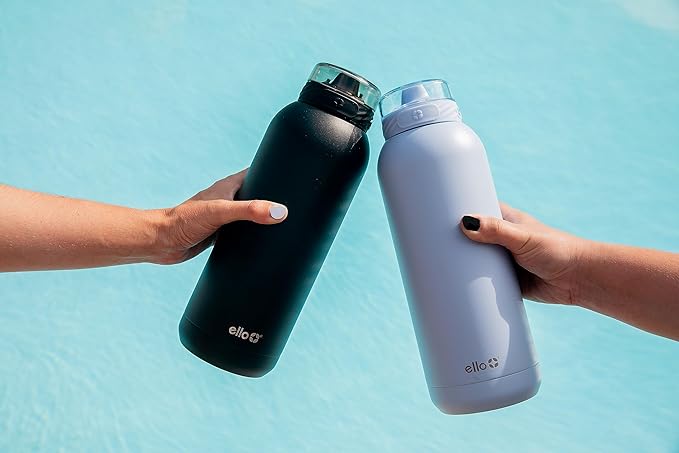 Ello Cooper 32oz Stainless Steel Water Bottle with Straw and Carry Handle, Double Walled and Vacuum Insulated Metal, Leak Proof Locking Lid with Soft Silicone Spout, Reusbale, BPA Free, Halogen Blue