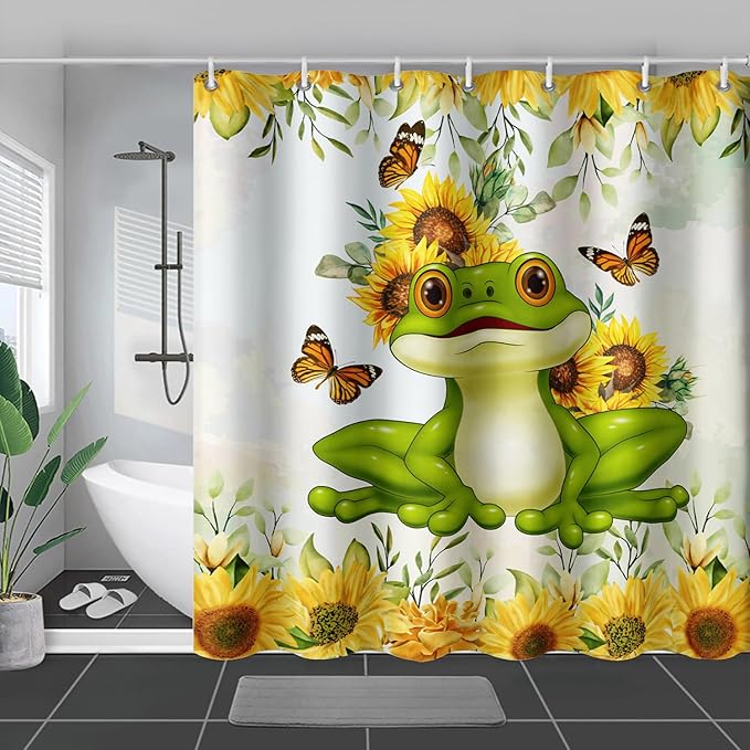 AILONEN Cartoon Frog Shower Curtain Yellow Sunflower Shower Curtain 72" W*96" H,Wildlife Frog Modern Botanical Floral 3D Printed Animal Bathroom Decor Shower Curtain with 12 Hooks