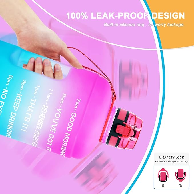 QuiFit 1 Gallon Water Bottle - 128 oz Water Bottle with Times to Drink - BPA Free Motivational Water Bottle with Infuser - Large Water Bottle - Sports Water Bottle 1 Gallon in Gym(Pink/Blue, 1 Gallon)