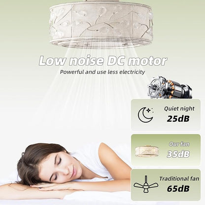 20 Inch White Crystal Ceiling Fan with Light, Caged Crystal Ceiling Fan with Light Remote Control, Flush Mount with 6 Speeds for Bedroom, Nursery, Living Room (6 E12 Bulb Includ) (White)