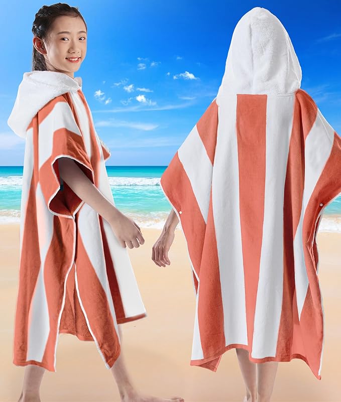 VOOVA & MOVAS Big Kids Hooded Towel Poncho | Large, Soft, Absorbent Cotton | 8-16Years | Versatile for Pool, Swim,Beach and Bathroom | Orange Cabana Stripe