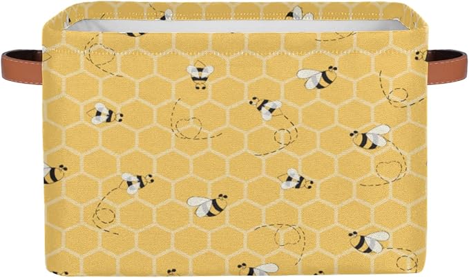 Honeycomb Bee Storage Basket Collapsible Storage Bin Large Fabric Storage Boxes Organizer with Leather Handles for Clothes Toys Books Kitchen Laundry 1Pc