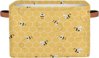 Honeycomb Bee Storage Basket Collapsible Storage Bin Large Fabric Storage Boxes Organizer with Leather Handles for Clothes Toys Books Kitchen Laundry 1Pc