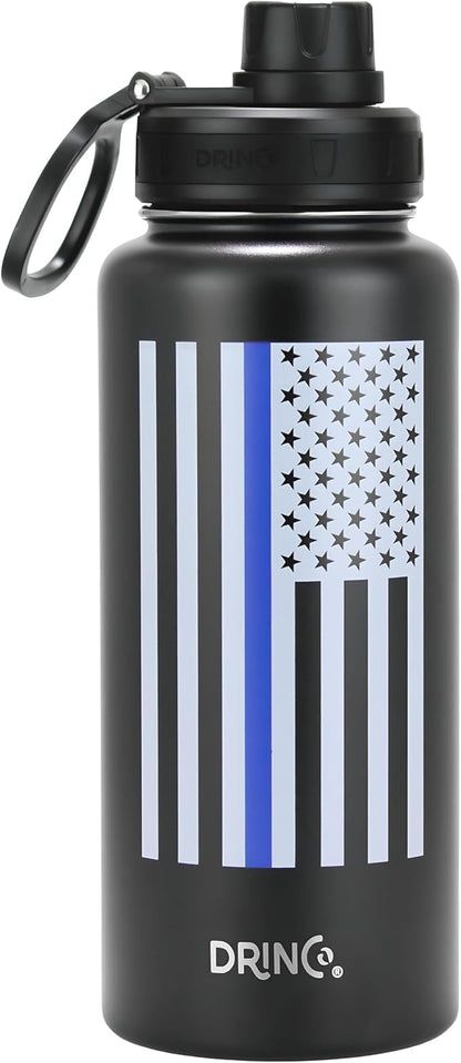 DRINCO Stainless Steel Water Bottle Spout Lid Vacuum Insulated Double Wall Water Bottle USA Flag Military Veteran (32oz Thin Blue Black, 32oz)