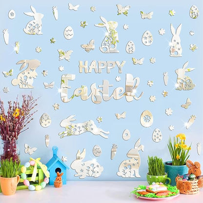 Easter Wall Decor Happy Easter Eggs Bunny Flower Wall Decals 3D Acrylic Mirror Wall Stickers Peel and Stick Easter Floral Butterfly Wall Art Mural for Spring Kids Bedroom Party Supplies Decoration