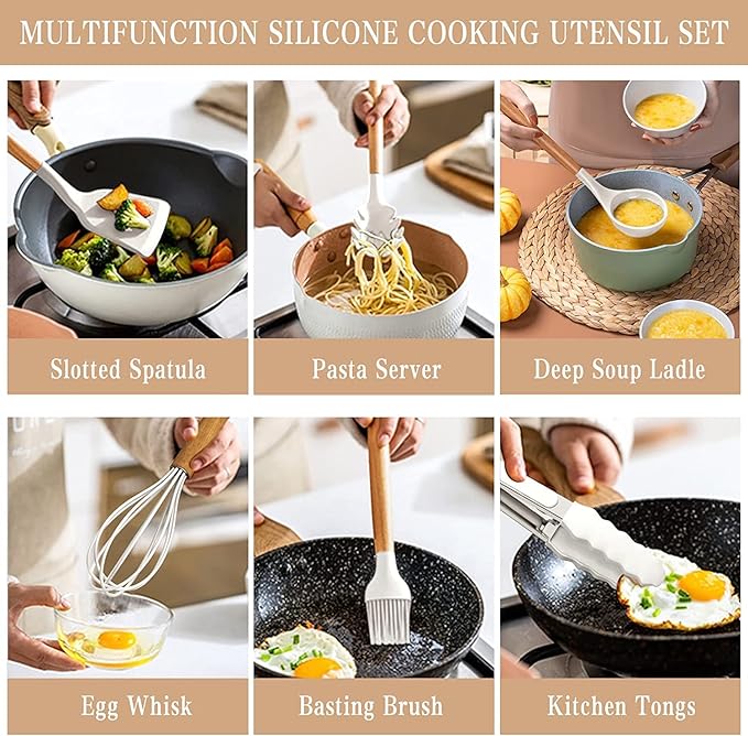 Kitchen Utensils Set, 33 pcs Non-Stick Silicone Cooking Utensils Set, Heat-Resistant Silicone, Wooden Utensils for Cooking, Kitchen Gadgets Spatula Set, Apartment Essentials Kitchen Set (White)