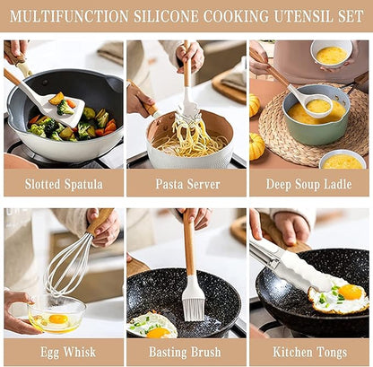 Kitchen Utensils Set, 33 pcs Non-Stick Silicone Cooking Utensils Set, Heat-Resistant Silicone, Wooden Utensils for Cooking, Kitchen Gadgets Spatula Set, Apartment Essentials Kitchen Set (White)