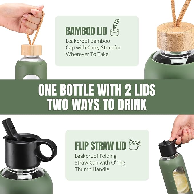 24oz Glass Water Bottle With 2 Lids-Flip Straw Lid, Bamboo Lid, Glass Water Bottle With Silicone Sleeve, Motivational Time Marker, Glass Juice Bottle for Cold Drink,Plive