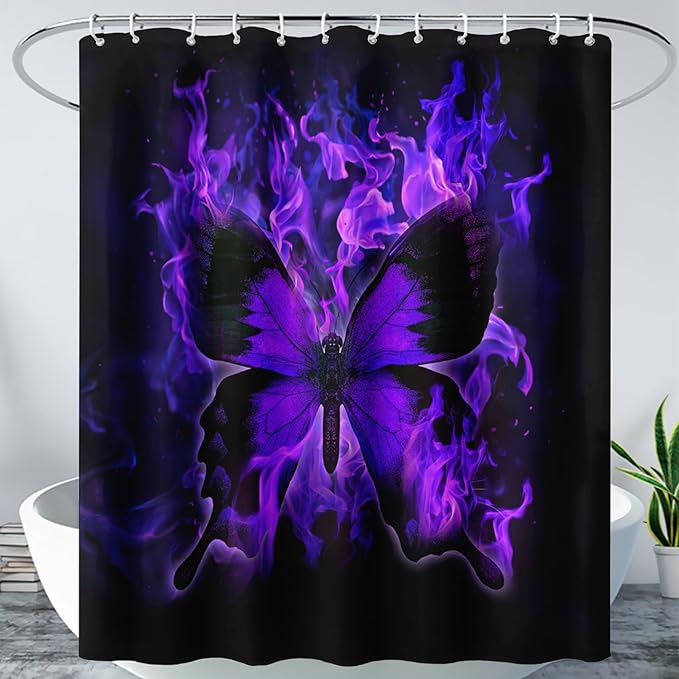 AILONEN Butterfly Shower Curtain for Bathroom, Purple Fire Butterfly Bath Curtain,Minimalism Fashion Bathroom Curtain,48" W*72" H Polyester Waterproof with 12 Plastic Hooks