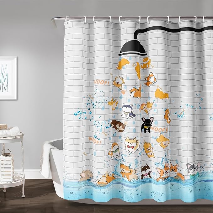 AILONEN Cute Corgi Shower Curtain for Kids 72" W*78" H Inch,Funny Dog Cartoon Corgi Animals Playing Water Shower Curtains,12 Pack Hooks Polyester Waterproof Fabric Decor for Bathroom Bathtub Panels