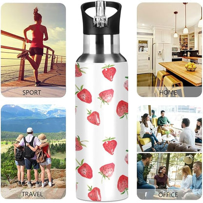 ALAZA Watercolor Strawberries Fruits Water Bottle With Straw Lids Boys Girls,Vacuum Insulated Leakproof Stainless-Steel Sports Bottle Thermal Flask For Gym Yoga Camping,20Oz (600Ml)