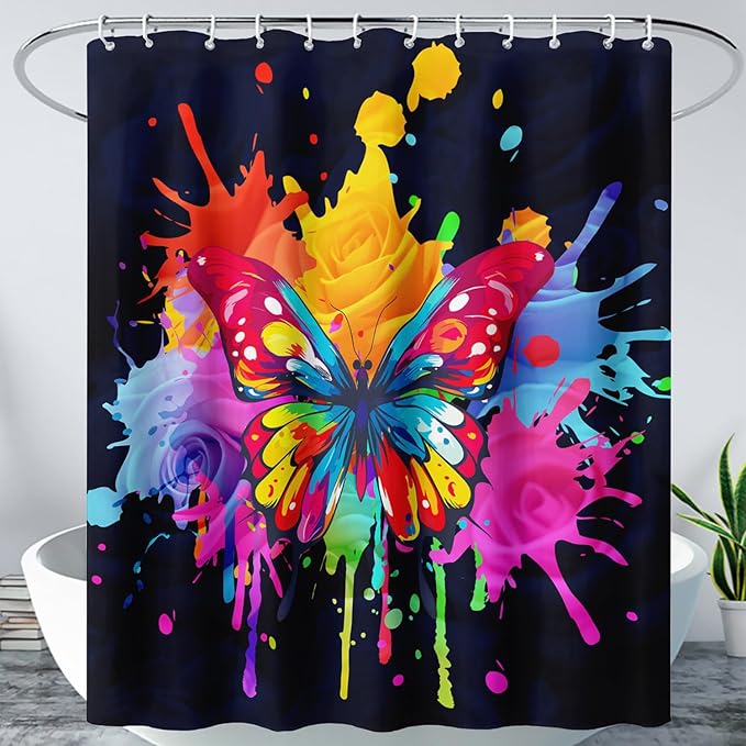 AILONEN Butterfly Shower Curtain for Bathroom, 3D Oil Painting Butterfly Bath Curtain,Colorful Butterfly Rose Flower Decoration Waterproof Black Curtain with 12 Plastic Hooks, 72" W*72" H