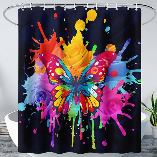 AILONEN Butterfly Shower Curtain for Bathroom, 3D Oil Painting Butterfly Bath Curtain,Colorful Butterfly Rose Flower Decoration Waterproof Black Curtain with 12 Plastic Hooks, 72" W*78" H
