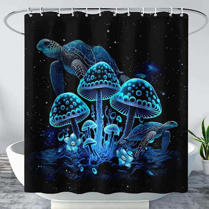 AILONEN Blue Magic Mushroom Shower Curtain,Cartoon Turtle Pattern Shower Curtain Set for Kids Girls Boys,Boho Style Bathroom Decor Shower Curtain with 12 Hooks,72" W*96" H