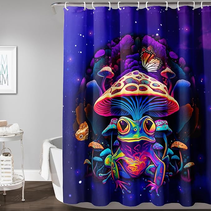 AILONEN Colorful Frog Shower Curtains,Poisonous Mushroom Printed Bath Curtains for Kids,Purple Polyester Waterproof for Bathroom,60" W*72" H with 12 Plastic Hooks