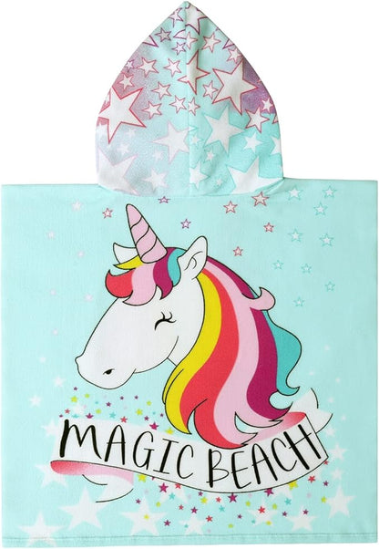 2Pcs Unicorn and Mermaid Kids Bath Pool Beach Hooded Poncho Super Soft & Absorbent Towel with Drawstring Bag, 24 x 24 Inches