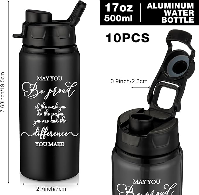 Sunnyray 10 Pcs Employee Appreciation Gift Reusable Aluminum Water Bottle Bulk with Snap Lid May You Be Proud of the Work Thank You Group Team Gift for Coworker Teacher Friend(Black, 17 oz)