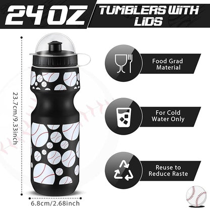 24 Pcs 24 oz Baseball Water Bottle Bulk and Drawstring Bag Set 12 Reusable Plastic Biking Water Bottle Tumbler 12 Sport Gym Goodie Gift Bag for Party Favor (Black)