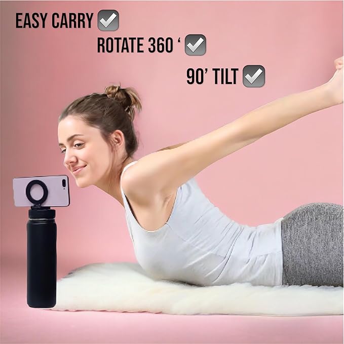 Stainless Steel Water Bottle compatible with all devices Tripod Phone Holder with booster ring -sport -gym-bottle for man & woman -25oz 360Rotate, A-Bubble Gum, 25oz-ct12