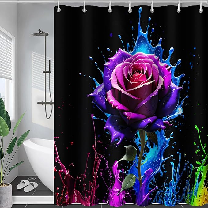 AILONEN Purple Rose Flower Shower Curtain for Bathroom,Splash-Ink Rose Bath Curtain for Kids Girls Women,Romantic Minimalism Curtain Waterproof with 12 Plastic Hooks, 72" W*78" H