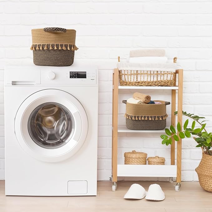 TeoKJ Set of 3 Baskets for Organizing, Decorative Rope Baskets for Storage, Storage Baskets for Pets, books, Pillows, Toys & Cloths, Black & Jute