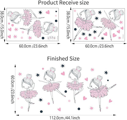 4 Cute Ballerina Ballet Dancers Wall Decals for Girls Bedroom Large Removable Wall Stickers for Classroom Pink and Black Wall Murals Peel and Stick Vinyl Kids Room Decor for Living Room Nursery