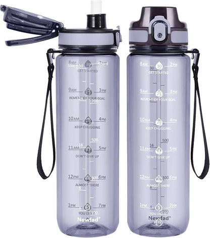 32 oz Water Bottle with Detachable Straw, Clear Motivational Water Bottles with Time to Drink, Tritan & BPA Free Sports Water Jug with Time Marker, Upgraded handle design