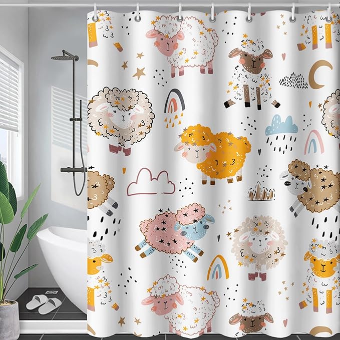 AILONEN Cute Sheep Kids Shower Curtain for Bathroom,Sheep Moon Clouds Kids Creative Rainbow Waterproof Bath Curtain,Modern Minimalist White Curtain with 12 Plastic Hooks(72" W*78" H)