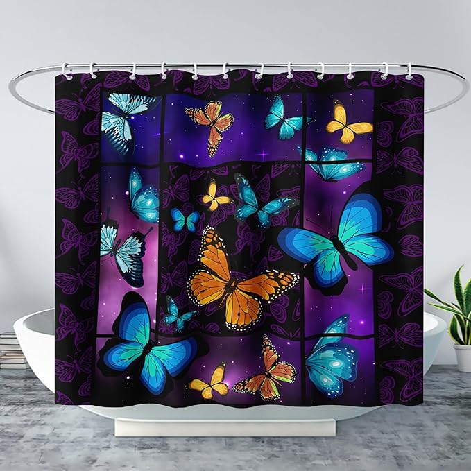 AILONEN Colorful Butterfly Shower Curtain,Animal Shower Curtain 72" W*78" H for Bathroom Decor,Mystic Purple Galaxy Butterfly Modern Shower Curtain Waterproof Bath Curtain with Grommets and 12 Hooks