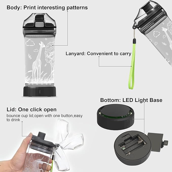 Ammonite Giraffe Kids Water Bottle with 3D Glowing LED Light - 14 OZ Tritan BPA Free - Creative Ideal Travel Cup Gift for School Kid Boy Child Holiday Camping Picnic