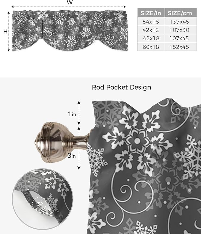 Christmas Blackout Tie Up Valance Curtains for Kitchen Windows Grey White Snowflakes Pattern Window Toppers Balloon Shades for Living Room/Bathroom/Bedroom,1 Panel, 54" X 18", Winter