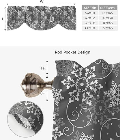 Christmas Blackout Tie Up Valance Curtains for Kitchen Windows Grey White Snowflakes Pattern Window Toppers Balloon Shades for Living Room/Bathroom/Bedroom,1 Panel, 54" X 18", Winter
