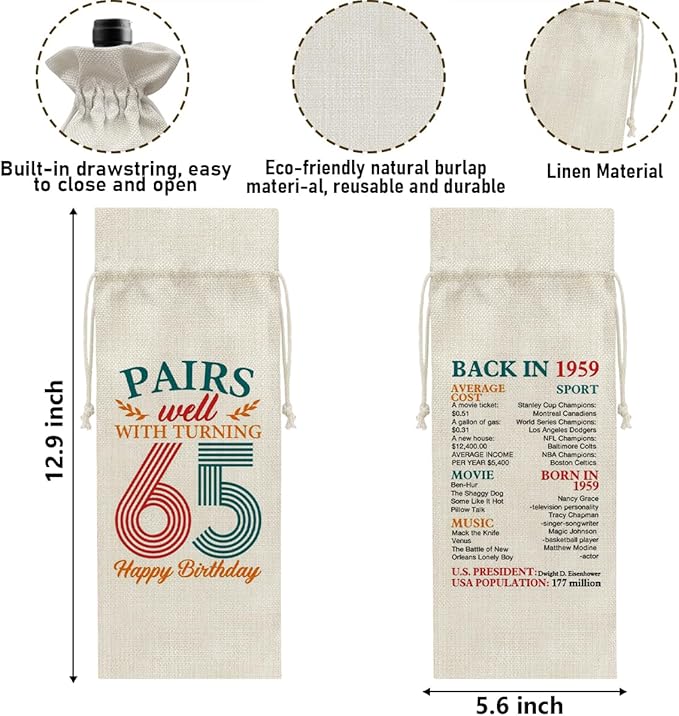 65th Birthday Gifts Wine Bag Congratulations Gifts for Women Men Parents Mom Dad Anniversary 1959 Birthday Wine Gift Bag
