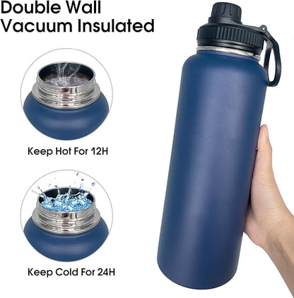 4pack 40 oz Insulated Water Bottle With Straw, Stainless Steel Sports Water Cup Flask with 2 Lids, Wide Mouth Travel Thermal Mug,Navy